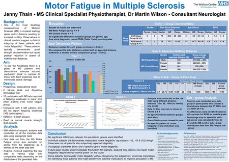 Motor Fatigue in Multiple Sclerosis Jenny Thain - MS Clinical Specialist Physiotherapist, Dr Martin Wilson - Consultant Neurologist Background One of the.