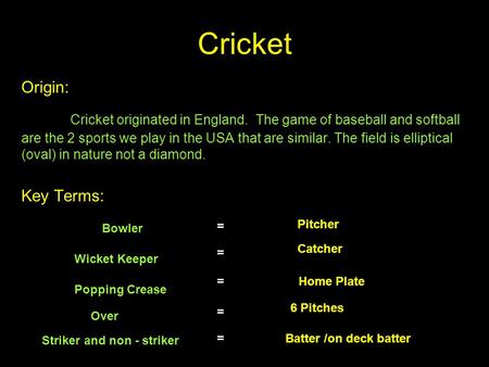Cricket Origin: Cricket originated in England. The game of baseball and softball are the 2 sports we play in the USA that are similar. The field is elliptical.