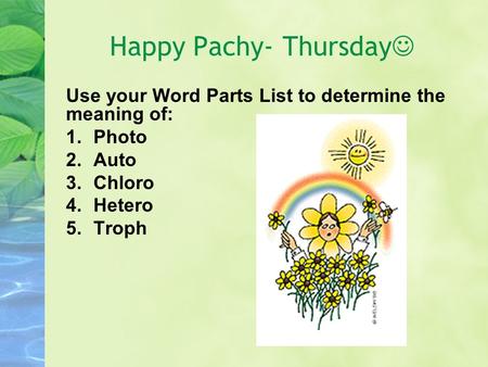 Happy Pachy- Thursday Use your Word Parts List to determine the meaning of: 1.Photo 2.Auto 3.Chloro 4.Hetero 5.Troph.