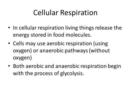 Cellular Respiration In cellular respiration living things release the energy stored in food molecules. Cells may use aerobic respiration (using oxygen)
