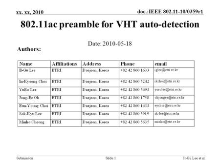 Doc.:IEEE 802.11-10/0359r1 Submission xx. xx, 2010 Il-Gu Lee et al.Slide 1 802.11ac preamble for VHT auto-detection Date: 2010-05-18 Authors: