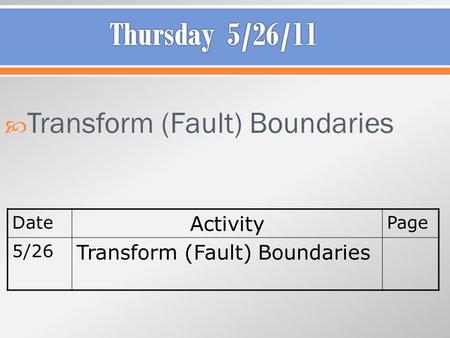  Transform (Fault) Boundaries Date Activity Page 5/26 Transform (Fault) Boundaries.
