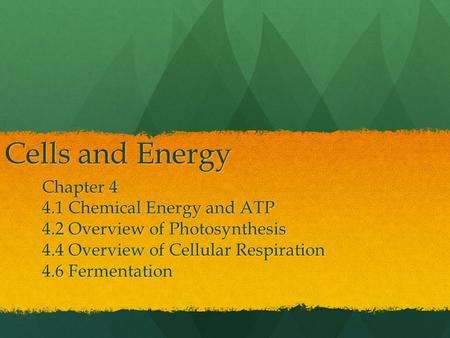 Cells and Energy Chapter 4 4.1 Chemical Energy and ATP 4.2 Overview of Photosynthesis 4.4 Overview of Cellular Respiration 4.6 Fermentation.