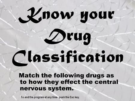 Know your Drug Classification Match the following drugs as to how they effect the central nervous system. To end the program at any time- push the Esc.
