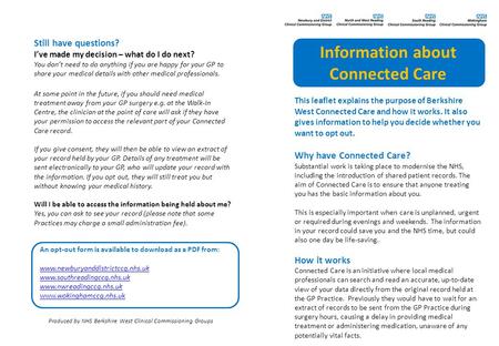 This leaflet explains the purpose of Berkshire West Connected Care and how it works. It also gives information to help you decide whether you want to opt.