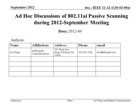 Submission doc.: IEEE 11-12-1130-03-00ai September 2012 Lei Wang, InterDigital CommunicationsSlide 1 Ad Hoc Discussions of 802.11ai Passive Scanning during.
