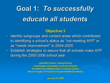 Goal 1: To successfully educate all students Objective 3 Identify subgroups and content areas which contributed Identify subgroups and content areas which.