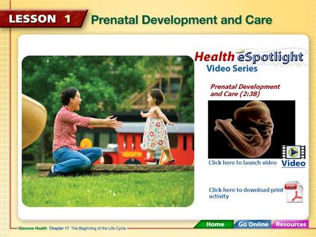 Prenatal Development and Care (2:38) Click here to launch video Click here to download print activity.