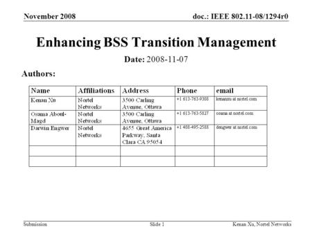 Doc.: IEEE 802.11-08/1294r0 Submission November 2008 Kenan Xu, Nortel NetworksSlide 1 Enhancing BSS Transition Management Date: 2008-11-07 Authors: