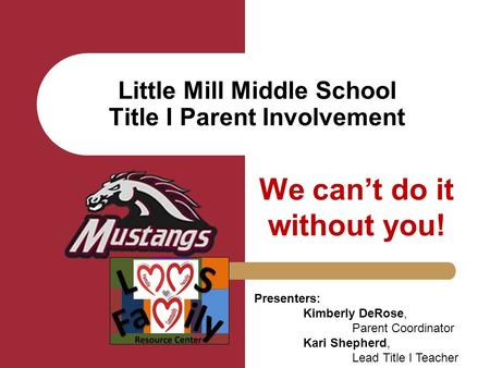 Little Mill Middle School Title I Parent Involvement We can’t do it without you! Presenters: Kimberly DeRose, Parent Coordinator Kari Shepherd, Lead Title.