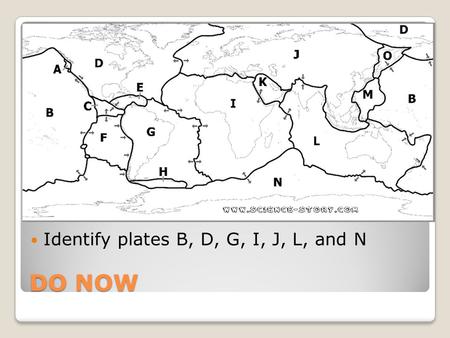 DO NOW Identify plates B, D, G, I, J, L, and N. Layers of the Earth The diagram to the right shows two ways to classify Earth's layers. One way, shown.