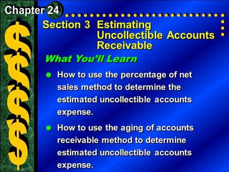Section 3Estimating Uncollectible Accounts Receivable What You’ll Learn  How to use the percentage of net sales method to determine the estimated uncollectible.