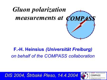 F.-H. Heinsius (Universität Freiburg) on behalf of the COMPASS collaboration Gluon polarization measurements at DIS 2004, Štrbské Pleso, 14.4.2004.