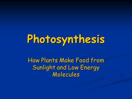 Photosynthesis How Plants Make Food from Sunlight and Low Energy Molecules.