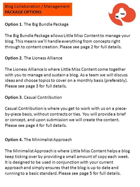 Blog Collaboration / Management PACKAGE OPTIONS Option 1. The Big Bundle Package The Big Bundle Package allows Little Miss Content to manage your blog.