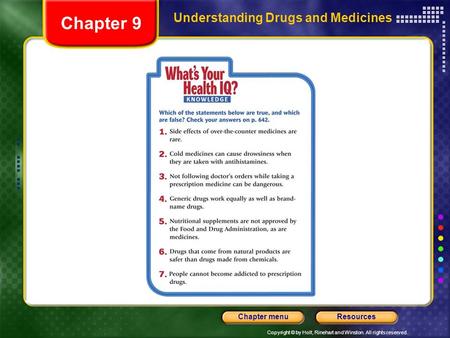 Copyright © by Holt, Rinehart and Winston. All rights reserved. ResourcesChapter menu Understanding Drugs and Medicines Chapter 9.