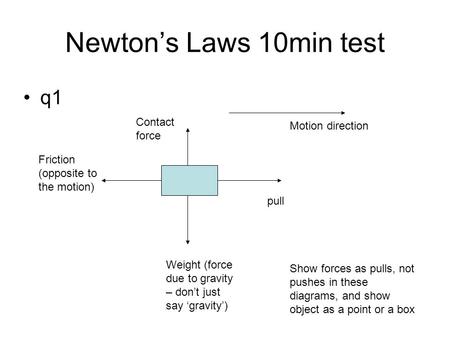 Newton’s Laws 10min test q1 Motion direction pull Weight (force due to gravity – don’t just say ‘gravity’) Friction (opposite to the motion) Contact force.