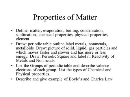 Properties of Matter Define: matter, evaporation, boiling, condensation, sublimation, chemical properties, physical properties, element Draw: periodic.