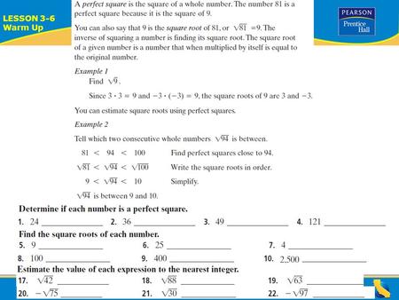 ALGEBRA READINESS LESSON 3-6 Warm Up Lesson 3-6 Warm Up.
