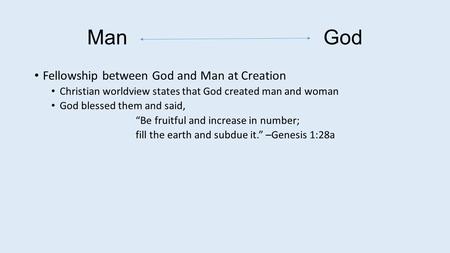 ManGod Fellowship between God and Man at Creation Christian worldview states that God created man and woman God blessed them and said, “Be fruitful and.