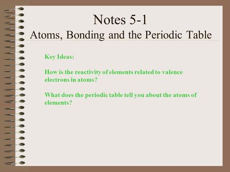 Notes 5-1 Atoms, Bonding and the Periodic Table Key Ideas: How is the reactivity of elements related to valence electrons in atoms? What does the periodic.