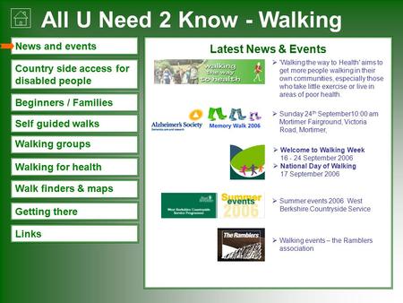 All U Need 2 Know - Walking Links Walking groups Walk finders & maps Beginners / Families Walking for health Country side access for disabled people News.