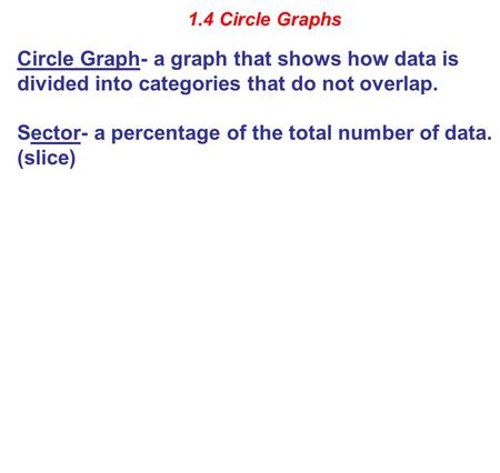 1.4 Circle Graphs Circle Graph- a graph that shows how data is divided into categories that do not overlap. Sector- a percentage of the total number of.