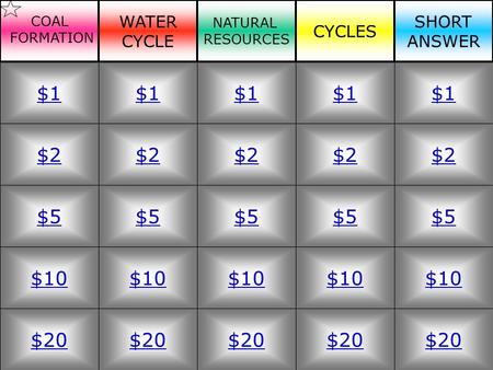$2 $5 $10 $20 $1 $2 $5 $10 $20 $1 $2 $5 $10 $20 $1 $2 $5 $10 $20 $1 $2 $5 $10 $20 $1 COAL FORMATION WATER CYCLE NATURAL RESOURCES CYCLES SHORT ANSWER.