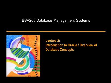 BSA206 Database Management Systems Lecture 2: Introduction to Oracle / Overview of Database Concepts.