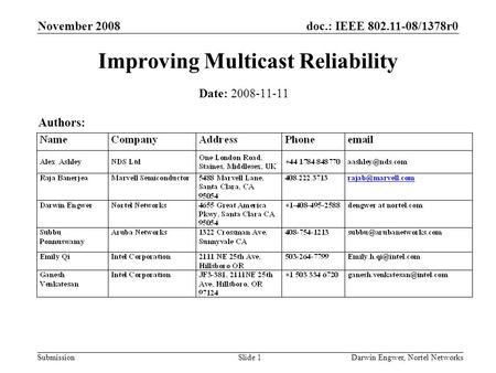 Doc.: IEEE 802.11-08/1378r0 Submission November 2008 Darwin Engwer, Nortel NetworksSlide 1 Improving Multicast Reliability Date: 2008-11-11 Authors: