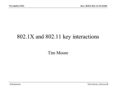 Doc.: IEEE 802.11-01/610r0 Submission November 2001 Tim Moore, Microsoft 802.1X and 802.11 key interactions Tim Moore.