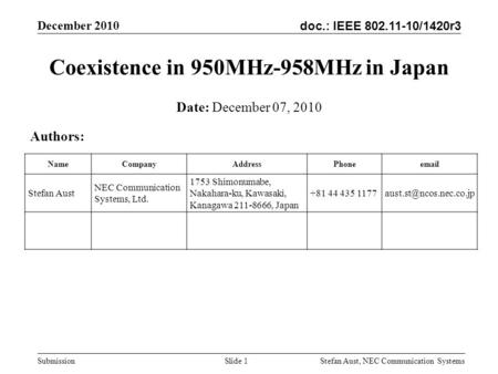 Doc.: IEEE 802.11-10/1420r3 December 2010 Stefan Aust, NEC Communication Systems Submission Slide 1 Coexistence in 950MHz-958MHz in Japan Authors: Date: