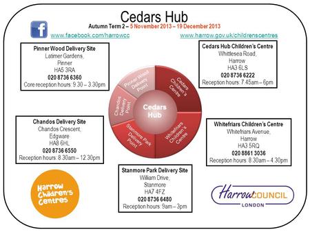 Cedars Hub Cedars Hub Children’s Centre Whittlesea Road, Harrow HA3 6LS 020 8736 6222 Reception hours: 7.45am – 6pm Autumn Term 2 – 5 November 2013 – 19.
