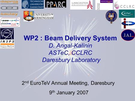 2 nd EuroTeV Annual Meeting, Daresbury 9 th January 2007 WP2 : Beam Delivery System D. Angal-Kalinin ASTeC, CCLRC Daresbury Laboratory.