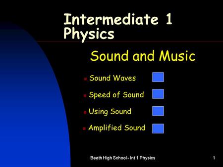 Beath High School - Int 1 Physics1 Intermediate 1 Physics Sound and Music Sound Waves Speed of Sound Using Sound Amplified Sound.