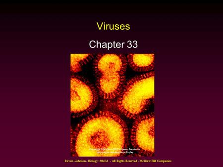 Raven - Johnson - Biology: 6th Ed. - All Rights Reserved - McGraw Hill Companies Viruses Chapter 33 Copyright © McGraw-Hill Companies Permission required.