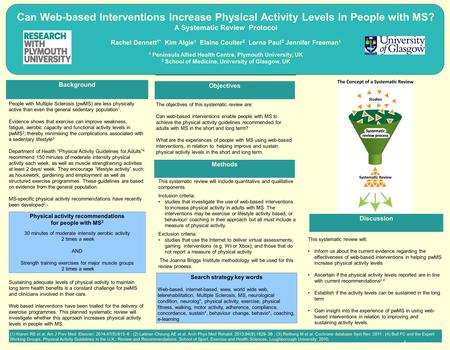 Can Web-based Interventions Increase Physical Activity Levels in People with MS? A Systematic Review Protocol Rachel Dennett 1* Kim Algie 1 Elaine Coulter.
