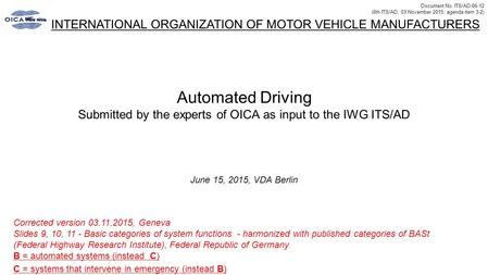 Document No. ITS/AD-06-12 (6th ITS/AD, 03 November 2015, agenda item 3-2) INTERNATIONAL ORGANIZATION OF MOTOR VEHICLE MANUFACTURERS Automated Driving Submitted.