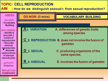 TOPIC: Unit Review- Ecology AIM: How do we comprehensively review on Ecology ? ___1. VARIATION A. differences of genetic traits among species ___2. REPRODUCTION.