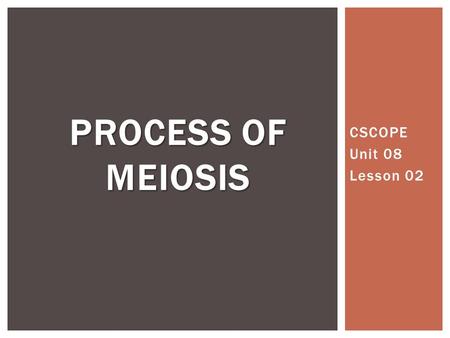 CSCOPE Unit 08 Lesson 02 PROCESS OF MEIOSIS. Asexual ReproductionSexual Reproduction Uses only mitosis Produces clones—genetically identical offspring.