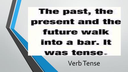 Verb Tense. Three Simple Tenses Verb tense shows time. It is important to keep verb tense consistent. Past ---happened before now--”I ate tacos.” Present---happening.