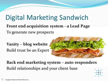 Digital Marketing Sandwich Front end acquisition system - a Lead Page To generate new prospects Vanity – blog website Build trust be an Expert Back end.