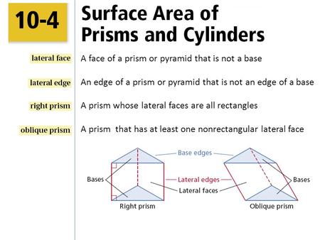 A face of a prism or pyramid that is not a base An edge of a prism or pyramid that is not an edge of a base A prism whose lateral faces are all rectangles.