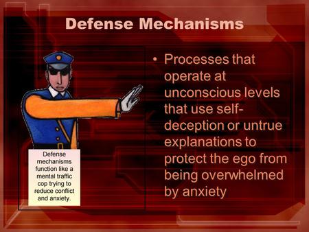 Defense Mechanisms Processes that operate at unconscious levels that use self- deception or untrue explanations to protect the ego from being overwhelmed.