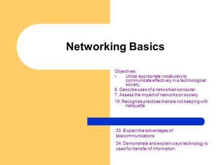 Networking Basics Objectives: 1. Utilize appropriate vocabulary to communicate effectively in a technological society. 6. Describe uses of a networked.