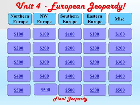 Unit 4 - European Jeopardy! $100 Northern Europe NW Europe Southern Europe Eastern Europe Misc. $200 $300 $400 $500 $400 $300 $200 $100 $500 $400 $300.