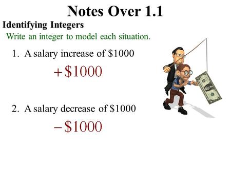 Notes Over 1.1 Identifying Integers Write an integer to model each situation. 1. A salary increase of $1000 2. A salary decrease of $1000.