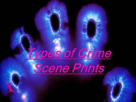 Types of Crime Scene Prints. Three Types: Patent Prints Plastic Prints Latent (Invisible) Prints.