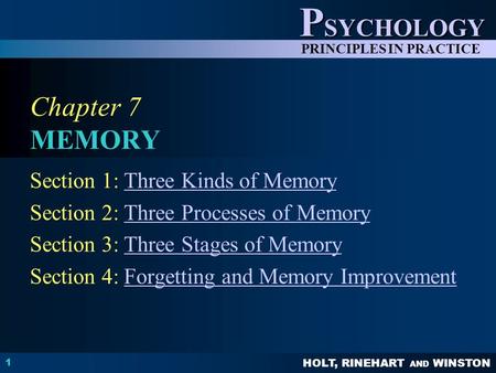 HOLT, RINEHART AND WINSTON P SYCHOLOGY PRINCIPLES IN PRACTICE 1 Chapter 7 MEMORY Section 1: Three Kinds of MemoryThree Kinds of Memory Section 2: Three.