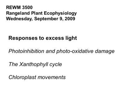 Responses to excess light Photoinhibition and photo-oxidative damage